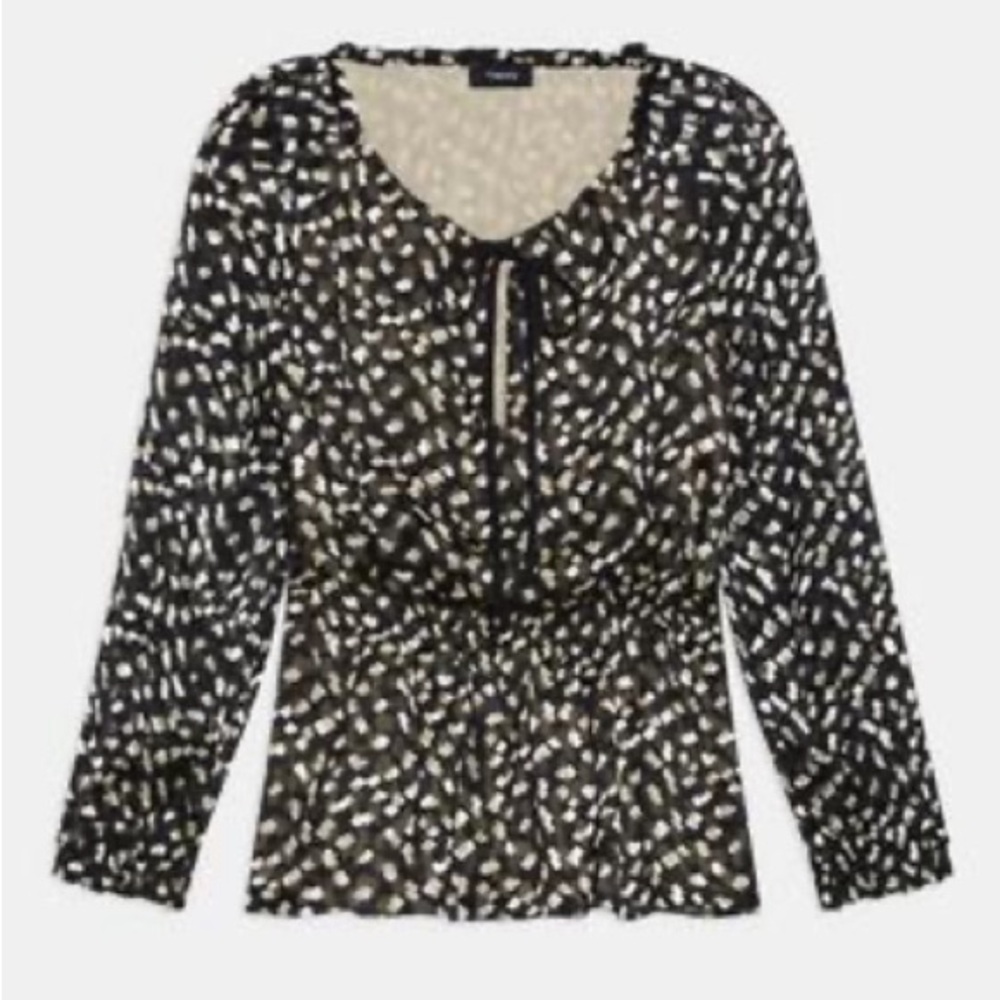 Black Printed Tie Neck Silk Theory Top NWT